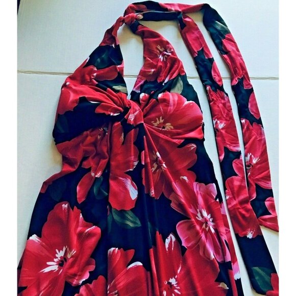 NEW GiGi Maxi Dress Halter Vacation Red Floral Padded Bra Knit V-neck Size 4 - Picture 9 of 10
